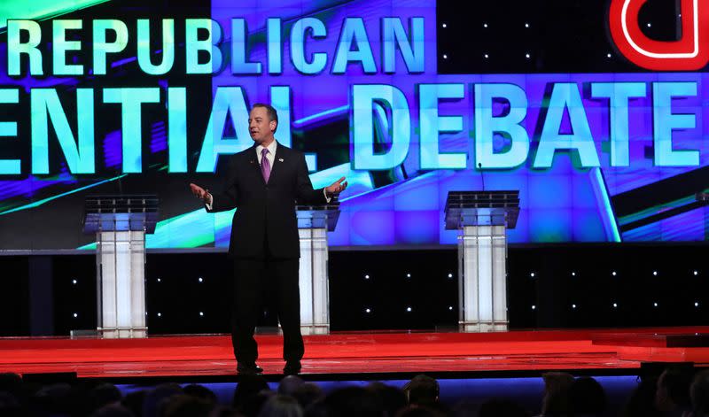 FILE PHOTO: Republican National Committee Chairman Reince Priebus speaks to the audience before the start of the Republican presidential candidates debate in Miami