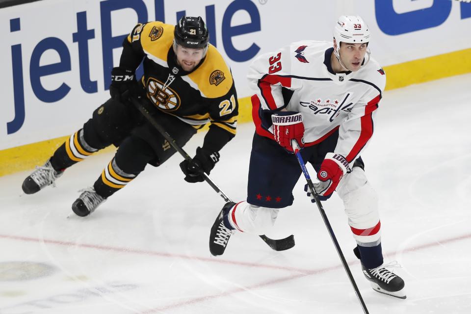 FILE - Washington Capitals' Zdeno Chara (33) defends against Boston Bruins' Nick Ritchie during the second period of an NHL hockey game in Boston, in this Sunday, April 11, 2021, file photo. The Boston Bruins and Washington Capitals already have bad blood built up going into their first-round playoff series that starts Saturday night, May 15. (AP Photo/Michael Dwyer, File)
