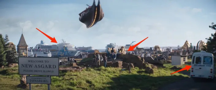 Red arrows pointing to cruise ships and tour buses in New Asgard in the teaser trailer for "Thor: Love and Thunder."