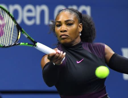 Sept 8, 2016; New York, NY, USA; Serena Williams of the USA plays Karolina Pliskova of the Czech Republic on day eleven of the 2016 U.S. Open tennis tournament at USTA Billie Jean King National Tennis Center. Mandatory Credit: Robert Deutsch-USA TODAY Sports