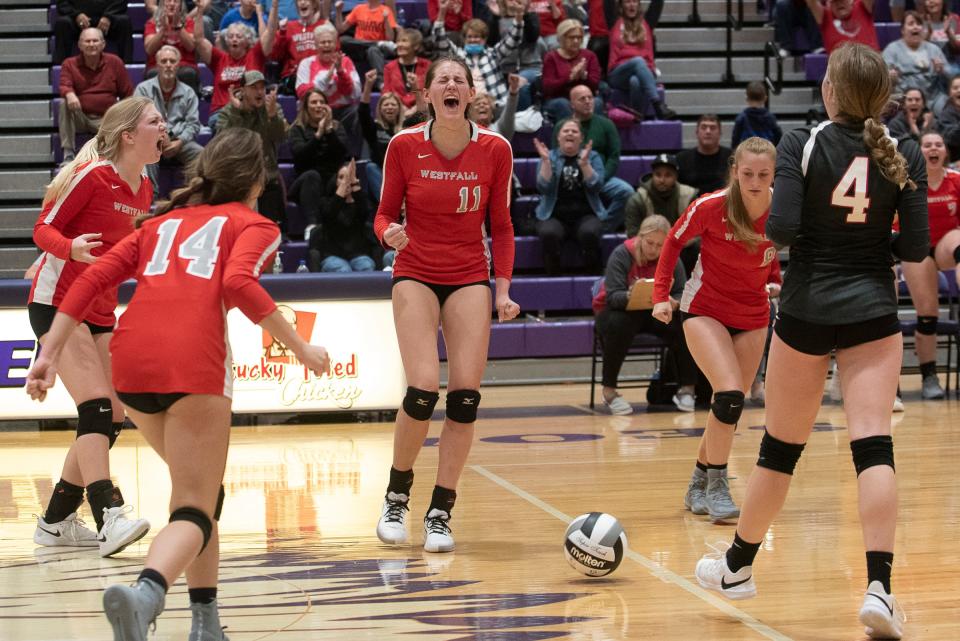 Senior Marissa Mullins, No. 11, celebrates with her team during Westfall's win against Wheelersburg on Nov. 5, 2021. Mullins had 479 kills and 100 digs this season.