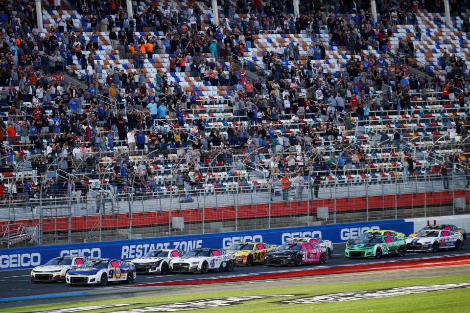 Drivers compete during the Bank of America Roval 400 at Charlotte Motor Speedway in Charlotte, N.C., Sunday, Oct. 9, 2022.