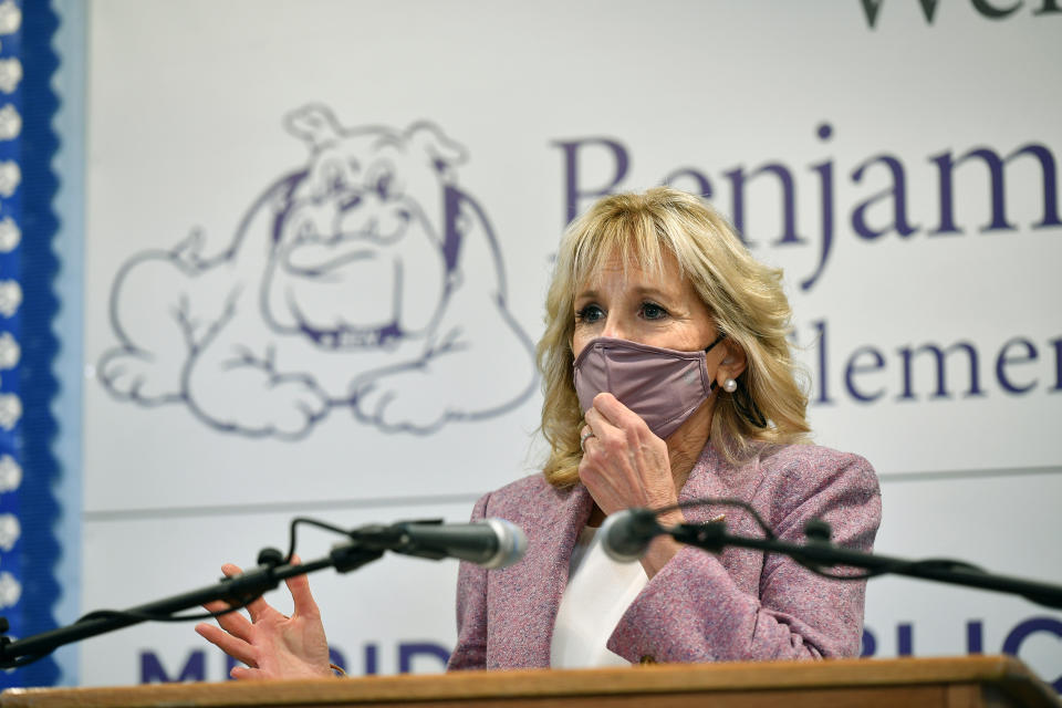 First lady Jill Biden speaks during a tour at Benjamin Franklin Elementary School in Meriden, Conn., on Wednesday, March 3, 2021. Mandel Ngan, Pool via AP)