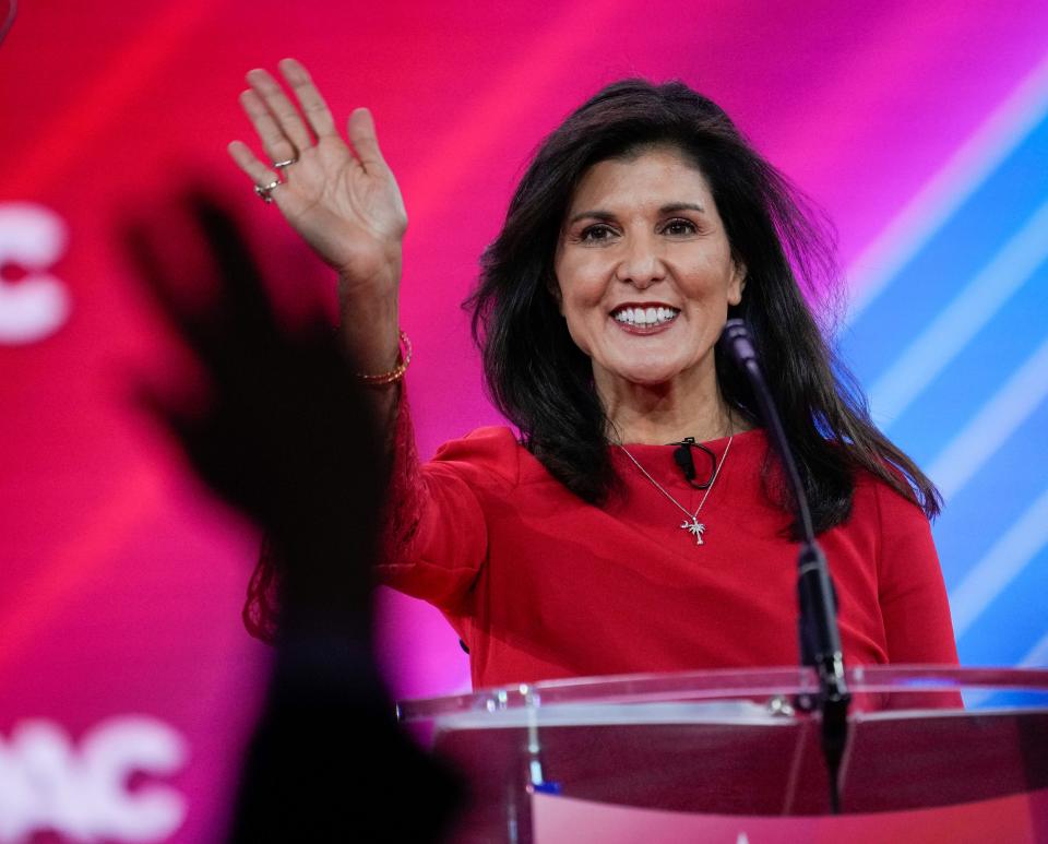 Mar 3, 2023; National Harbor, MD, USA; Nikki Haley, former United States Ambassador to the United Nations, at the Conservative Political Action Conference, CPAC 2023, at the Gaylord National Resort & Convention Center on March 3, 2023. Mandatory Credit: Jack Gruber-USA TODAY ORG XMIT: USAT-524242 (Via OlyDrop)