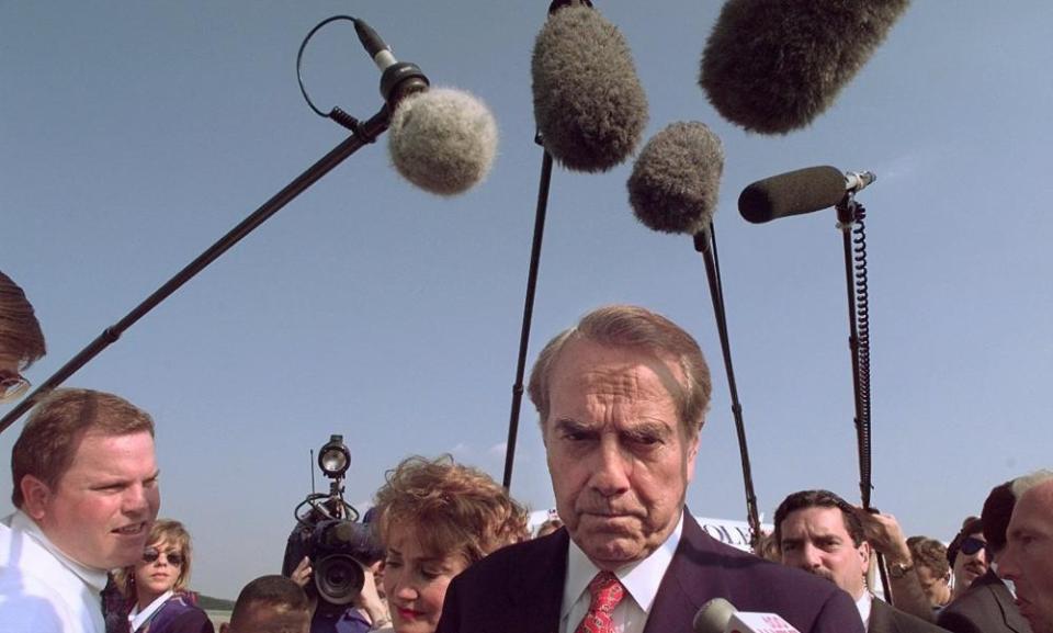 Bob Dole answers questions in Winston Salem, North Carolina, in June 1996.