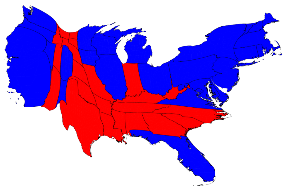 The election is decided not by population, but by the Electoral College. Each state contributes a certain number of electors, with less populated states slightly favored. The electors vote according to the majority in their state. (Except for Maine and Nebraska, which split them.) The candidate with the most electoral votes wins. This image shows which candidate won more Electoral College votes.