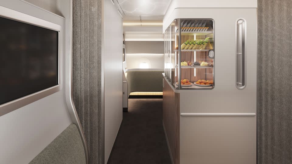 Diehl Aviation won a Crystal Cabin Award for its Wellbeing Zone, designed in partnership with Qantas for the airline’s upcoming “Project Sunrise” ultra-long-haul flights. Here's a rendering depicting what this might look like on an A350 aircraft. - Courtesy Qantas