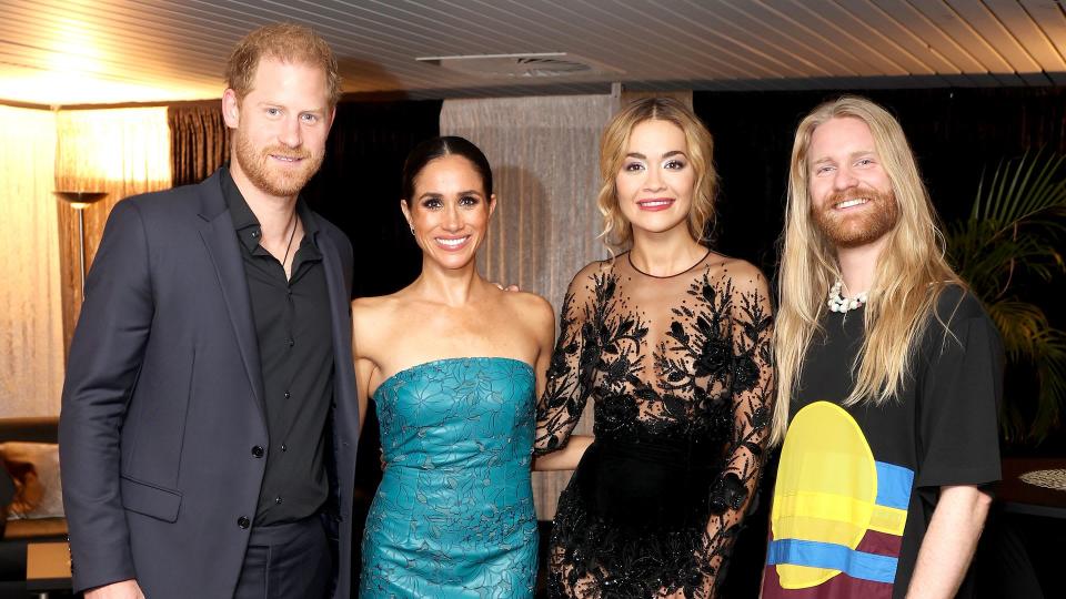 Prince Harry and Meghan with performers Rita Ora and Sam Ryder 