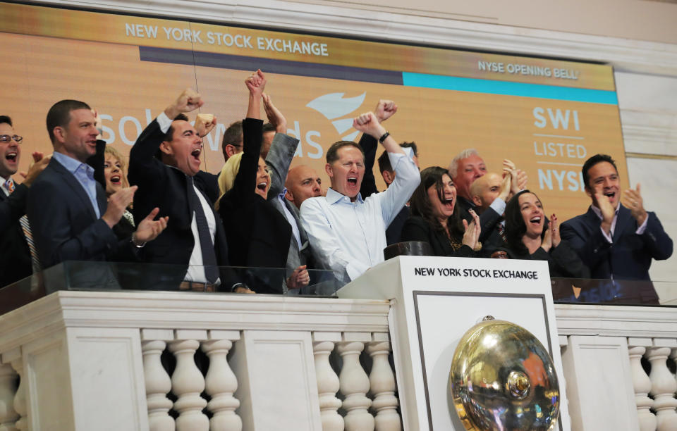 SolarWinds Corp. CEO Kevin Thompson and employees celebrate the company’s IPO during the Opening Bell at the New York Stock Exchange, October 19, 2018. REUTERS/Brendan McDermid