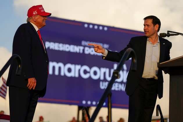 Sen. Marco Rubio (R-Fla.) speaks as former President Donald Trump listens at a campaign rally at the Miami-Dade County Fair and Exposition on Nov. 6, 2022. (Photo: AP Photo/Rebecca Blackwell)