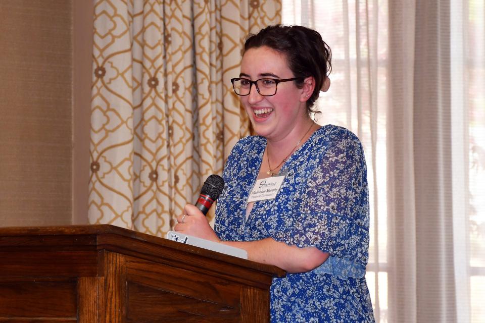 Maddy Murphy, a graduating Denison senior, speaks during an April 19 ceremony where she was honored with the Louis Kussmaul Friendship Award given by the Granville Area Chamber of Commerce and Denison University. The award is given annually a Denison student who contributes to the friendly relations between the village and college.