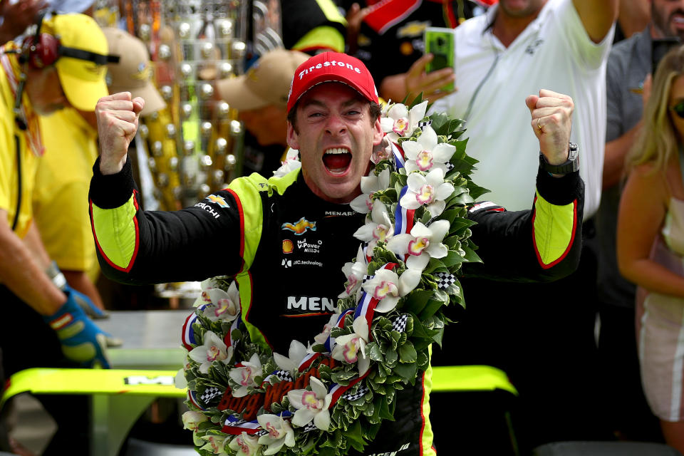 Simon Pagenaud of France, driver of the #22 Team Penske Chevrolet celebrates winning the 103rd Indianapolis 500 at Indianapolis Motor Speedway on May 26, 2019, in Indianapolis, Indiana. (Photo by Clive Rose/Getty Images)