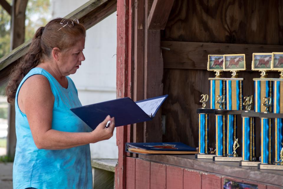 Lori Bamfield goes over the list of carting competitors during the 2021 Guernsey County Fair.
