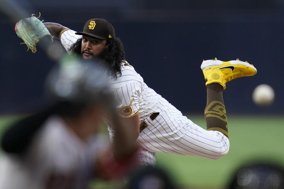 San Diego Padres starting pitcher Sean Manaea works against an Arizona Diamondbacks batter during the first inning of a baseball game Tuesday, June 21, 2022, in San Diego. (AP Photo/Gregory Bull)