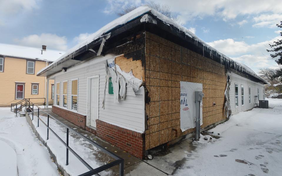 Fire damage is still visible on the northwest corner of St. Patrick's Haven. A September fire damaged the men's shelter.