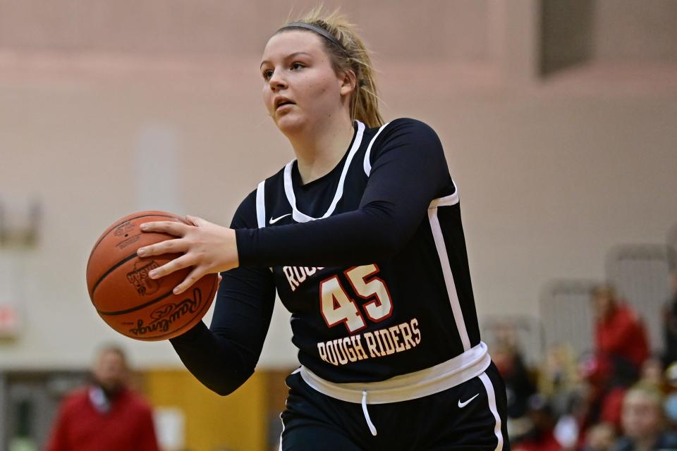 Roosevelt's Lexie Canning shoots a three-point shot during the first half of their game against Cuyahoga Falls Wednesday night at Cuyahoga Falls High School.