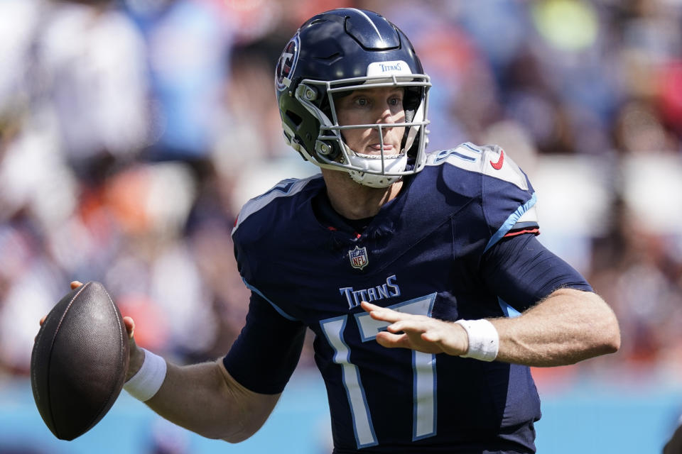 Tennessee Titans quarterback Ryan Tannehill (17) passes in the pocket against the Cincinnati Bengals during the first half of an NFL football game, Sunday, Oct. 1, 2023, in Nashville, Tenn. (AP Photo/George Walker IV)