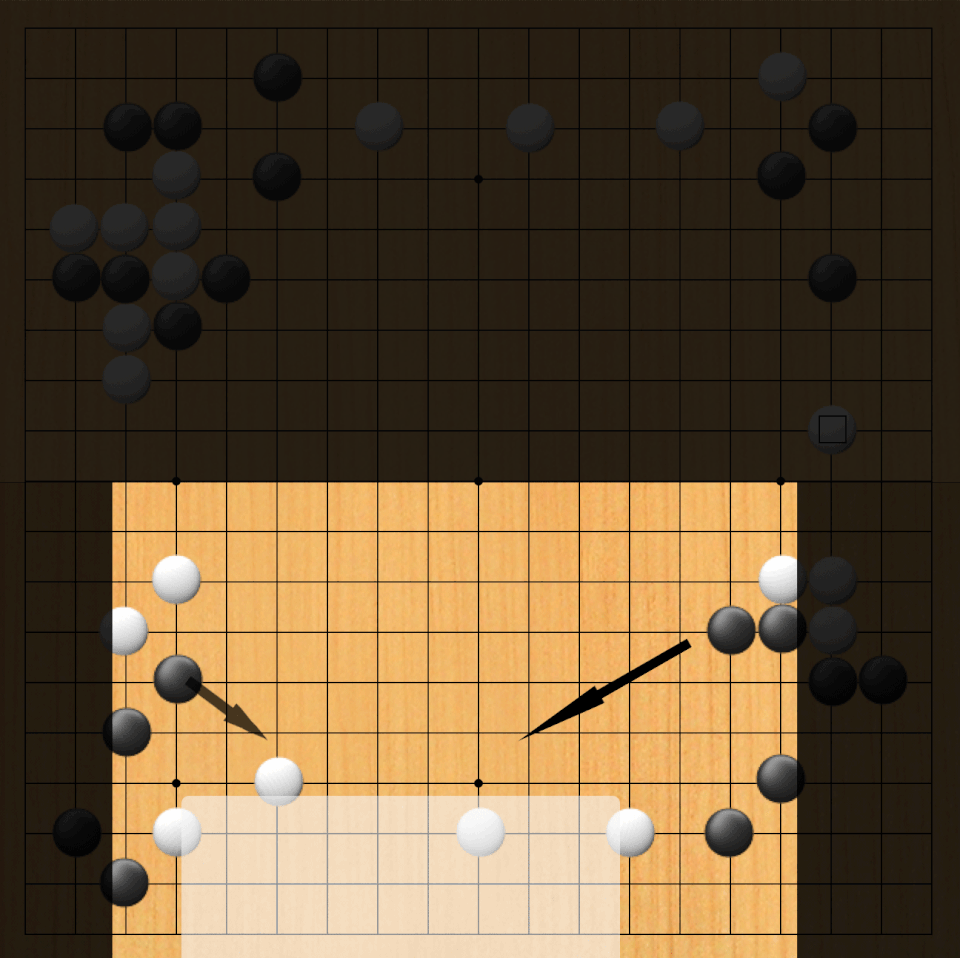 A go board mostly shaded out with a white box on the bottom and white stones above it. As more black stones are played underneath, the box changes to black, and the white stones are surrounded by black stones beneath and two above with arrows pointing at them.