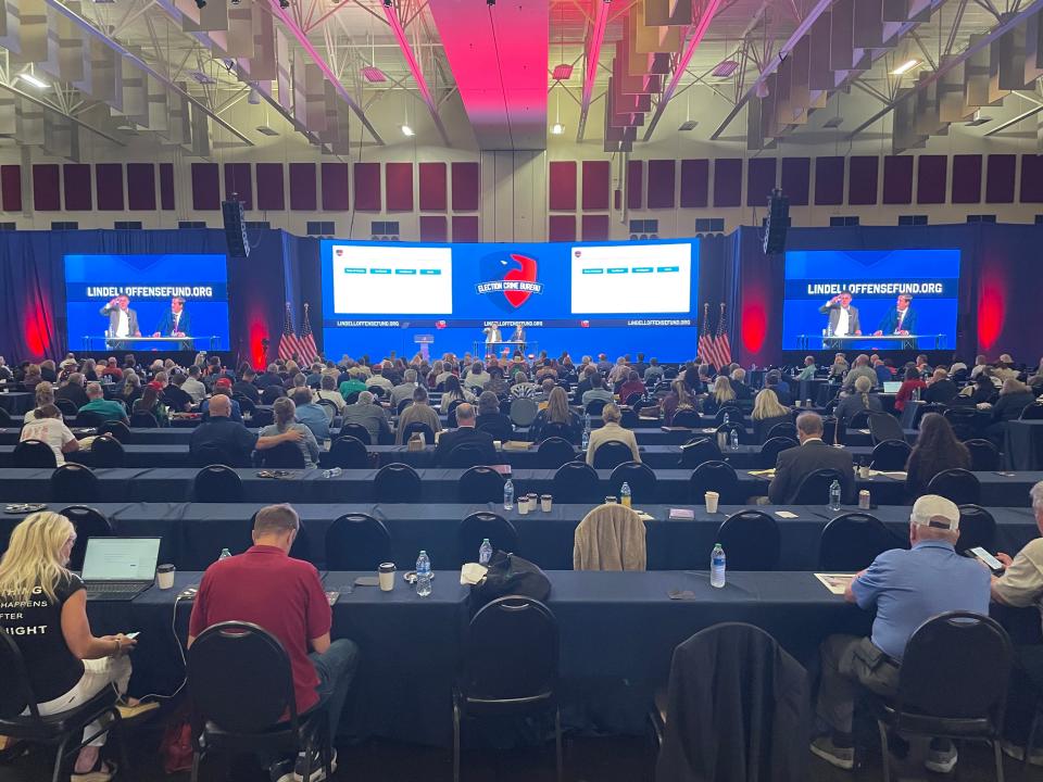 The audience at the Mike Lindell Election Crime Bureau Summit listens as Lindell unveils his plan to secure elections in the country on Aug. 17, 2023 in Springfield, MO.