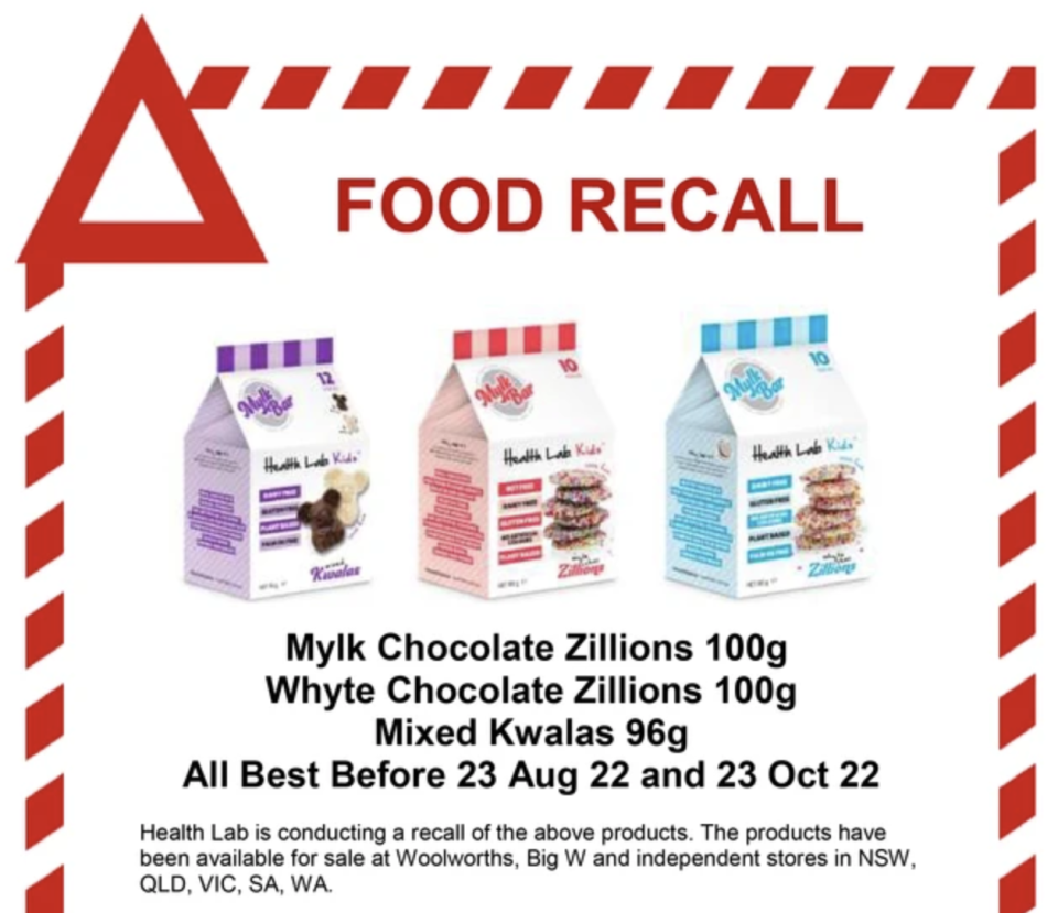 The recall alert showing the affected Health Lab products.