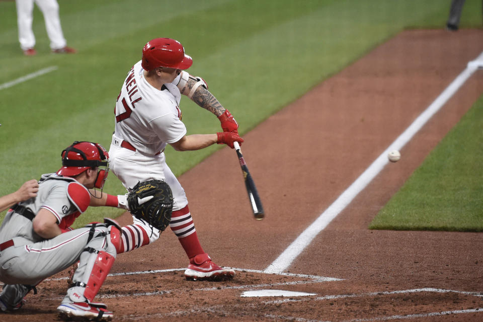 St. Louis Cardinals' Tyler O'Neill hits a two-run home-run during the second inning of the team's baseball game against the Philadelphia Phillies on Wednesday, April 28, 2021, in St. Louis. (AP Photo/Joe Puetz)