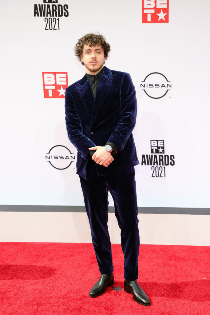 Jack Harlow attends the BET Awards 2021 in a midnight blue suit