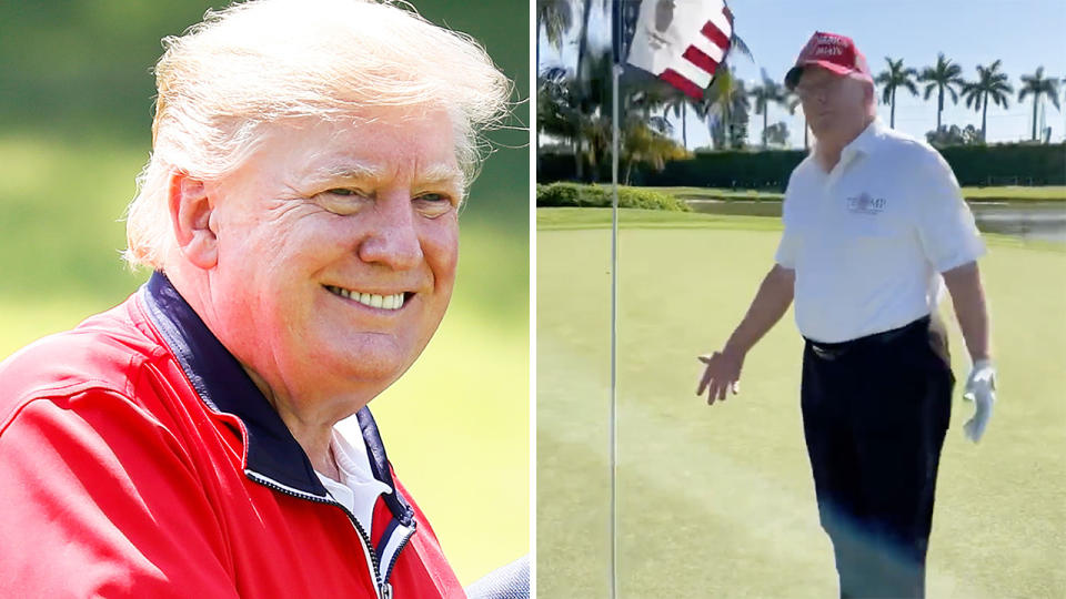 Former US President Donald Trump claims to have hit a hole in one at his West Palm Beach resort while golfing with former pro Ernie Els. Pictures: Getty Images/Twitter