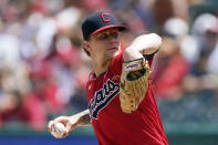 Cleveland Indians starting pitcher Zach Plesac throws in the first inning of a baseball game against the St. Louis Cardinals, Wednesday, July 28, 2021, in Cleveland. (AP Photo/Tony Dejak)