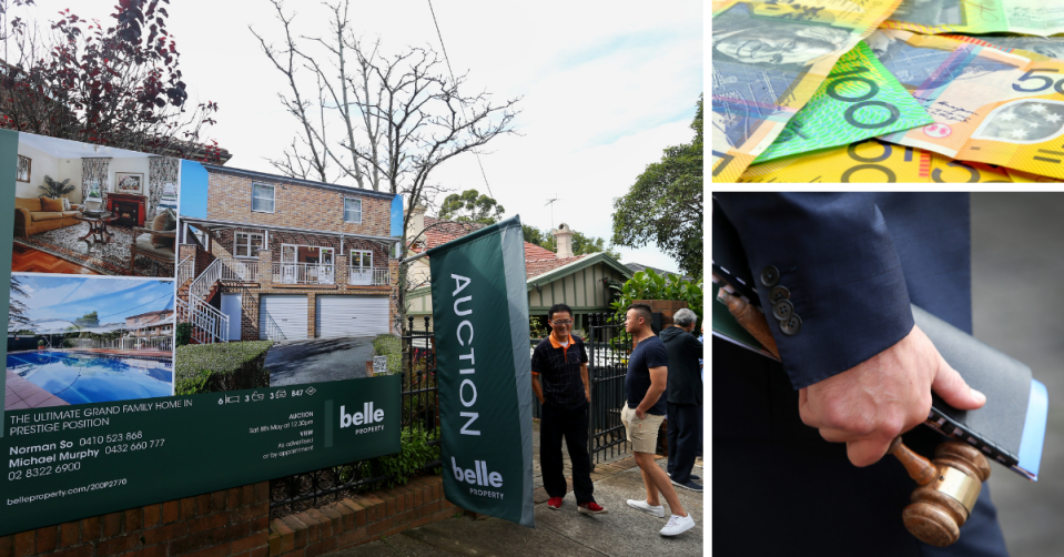 An auction sign at a property in Sydney, Australian money and an auctioneer holding a gavel