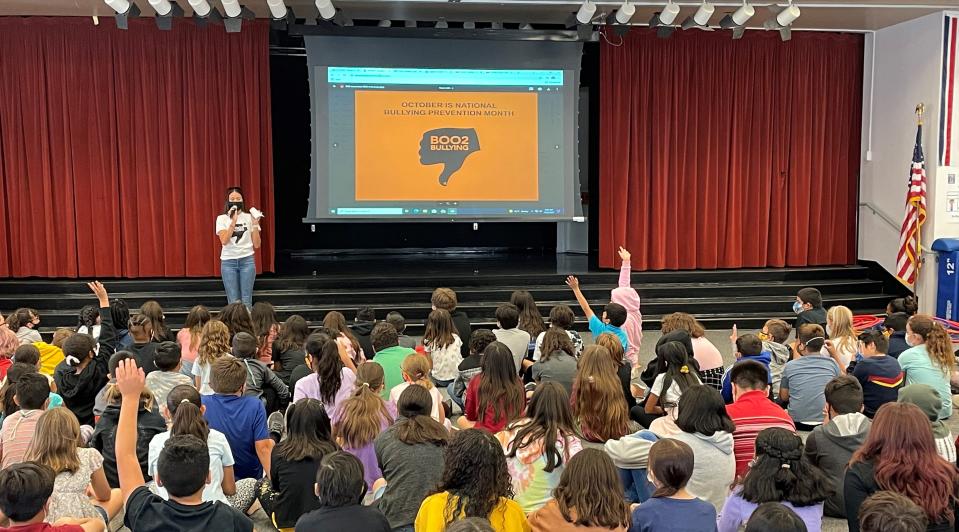 Boo2Bullying ambassadors Solange Signoret speaks at Benjamin Franklin Elementary School.