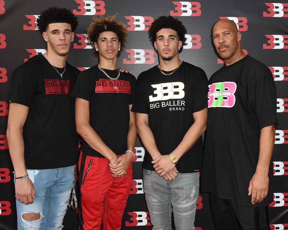 Lonzo, LaMelo, LiAngelo and LaVar Ball in 2017. (Joshua Blanchard/Getty Images)