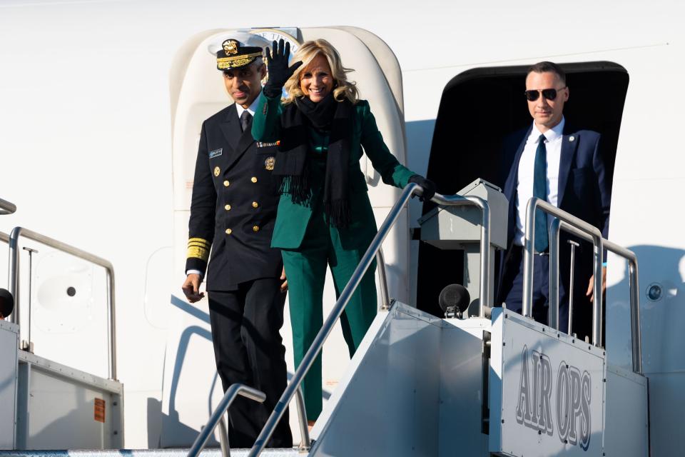 First lady Jill Biden waves upon her arrival with U.S. Surgeon General Dr. Vivek H. Murthy at Signature Aviation SLC in Salt Lake City on Tuesday, Jan. 16, 2024. | Megan Nielsen, Deseret News