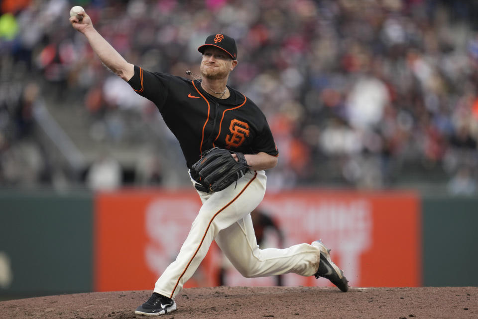 San Francisco Giants pitcher Alexander Cobb works against the Milwaukee Brewers during the seventh inning of a baseball game in San Francisco, Saturday, May 6, 2023. (AP Photo/Jeff Chiu)