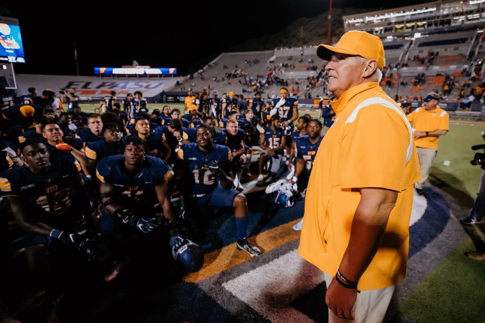 UTEP football coach Dana Dimel talks to his team after their victory over Old Dominion on Saturday, Oct. 2, 2021, in the Sun Bowl in El Paso, Texas.