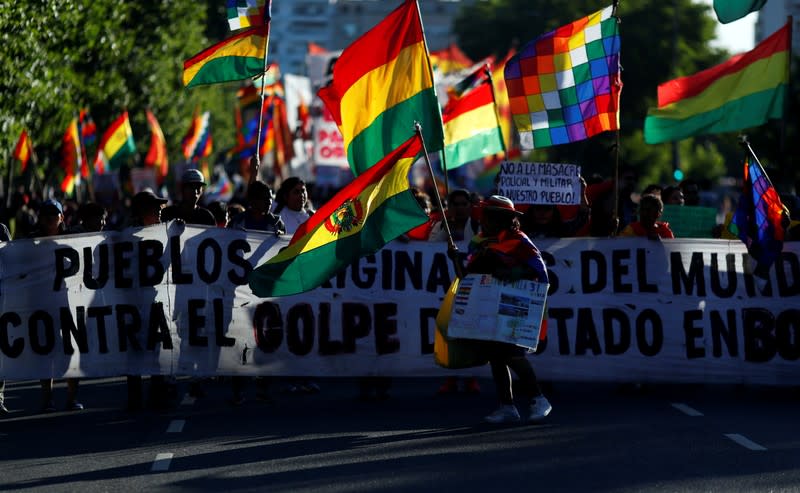 Supporters of Bolivia's ousted President Evo Morales gather outside the U.S. embassy in Buenos Aires to protest against the U.S. government, in Buenos Aires