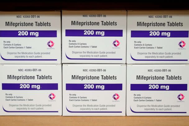 PHOTO: Boxes of the drug mifepristone sit on a shelf at the West Alabama Women's Center in Tuscaloosa, Ala., March 16, 2022. (Allen G. Breed/AP, FILE)