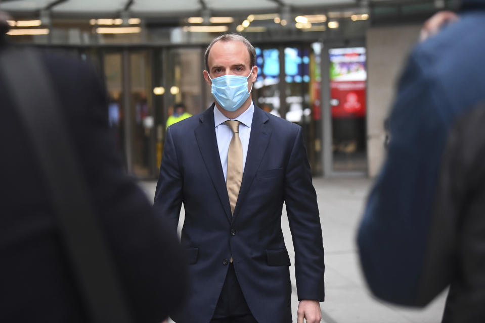 British Foreign Secretary Dominic Raab faces to the media outside BBC Broadcasting House in central London Sunday Nov. 29, 2020. Raab was interviewed on a current affairs programme Sunday morning. (Victoria Jones/PA via AP)