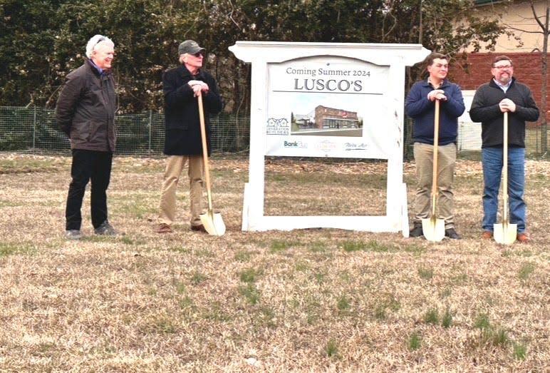 At the Lusco's Restaurant groundbreaking recently in Taylor (left to right) are Campbell McCool of Plein Air, then the three Lusco's partners, John Ramsey Miller, Thomas Long, and Rhyine Long.