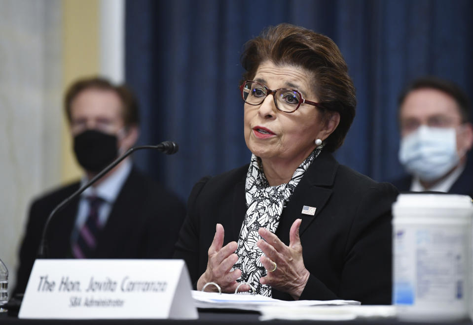 FILE - In this June 10, 2020 file photo, Jovita Carranza, Administrator of the Small Business Administration, testifies during a Senate Small Business and Entrepreneurship hearing to examine implementation of Title I of the CARES Act, on Capitol Hill in Washington. The Treasury Department said it is releasing on Monday, July 6 the names of more than 700,000 companies that received funds from the government’s small business lending program, a massive effort intended to support the economy as states shut down in April to contain the viral outbreak. (Kevin Dietsch/Pool via AP, File)