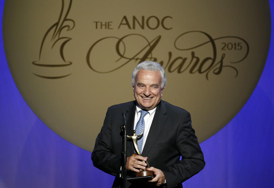 FILE - In this Thursday, Oct. 29, 2015 filer, Francesco Ricci Bitti speaks after receiving the award for Outstanding Lifetime Achievement, during an Association of National Olympic Committees (ANOC) awards ceremony, in Washington. The IOC is adamant that the Tokyo Olympics will be held this year despite the pandemic. So, too, are Japanese organizers. Now hear it from the man who represents the international track and field, swimming and gymnastics federations as well as every other Summer Games sport. “At the moment we’re positive that the games will be held,” said Francesco Ricci Bitti, president of the Association of Summer Olympic International Federations (ASOIF). (AP Photo/Alex Brandon, File)