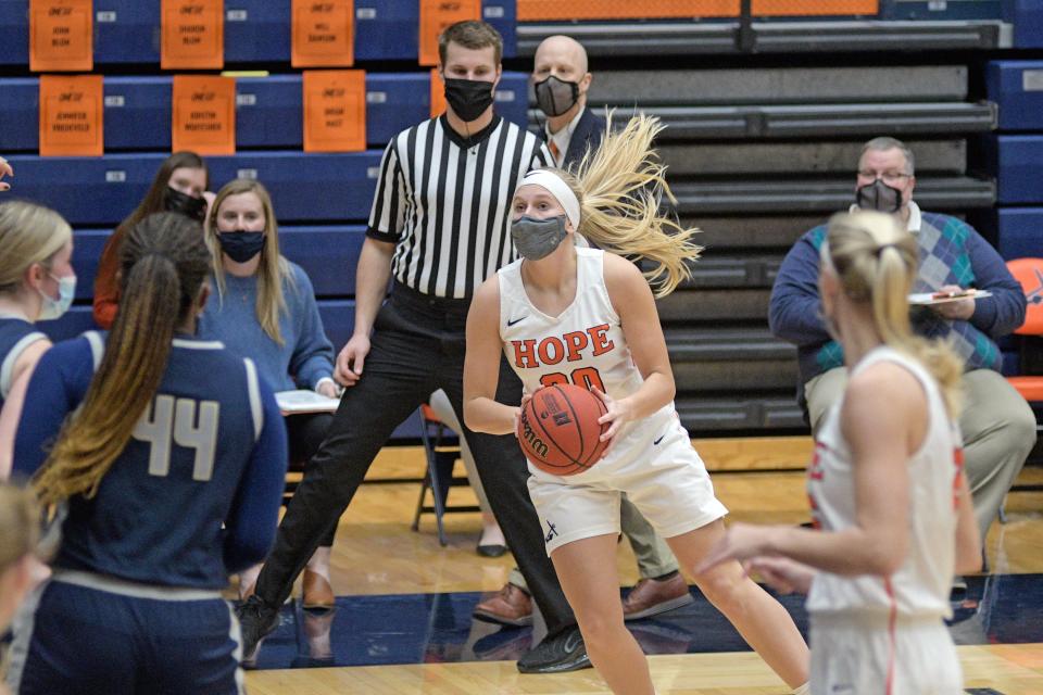 Hope College's Kenedy Schoonveld eyes the basket against Trine University on Feb. 3, 2021 at DeVos Fieldhouse in Holland.