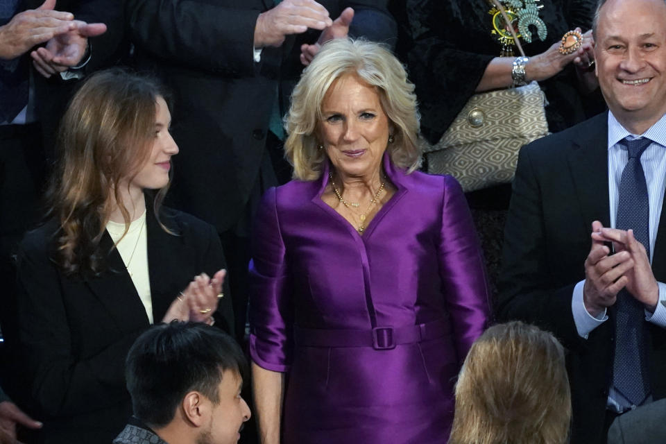 First lady Jill Biden arrives before President Joe Biden delivers his State of the Union speech to a joint session of Congress, at the Capitol in Washington, Tuesday, Feb. 7, 2023. (AP Photo/J. Scott Applewhite)