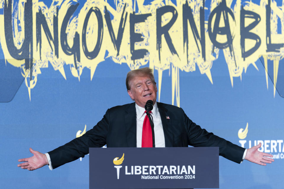 Republican presidential candidate, former President Donald Trump speaks at the Libertarian National Convention at the Washington Hilton in Washington, Saturday, May 25, 2024. (AP Photo/Jose Luis Magana)