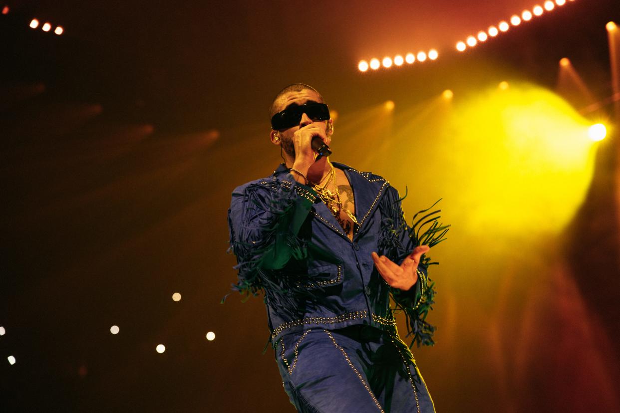 Bad Bunny performs the first stop of his Most Wanted Tour in Salt Lake City, Utah, at the Delta Center on Feb. 21, 2024.