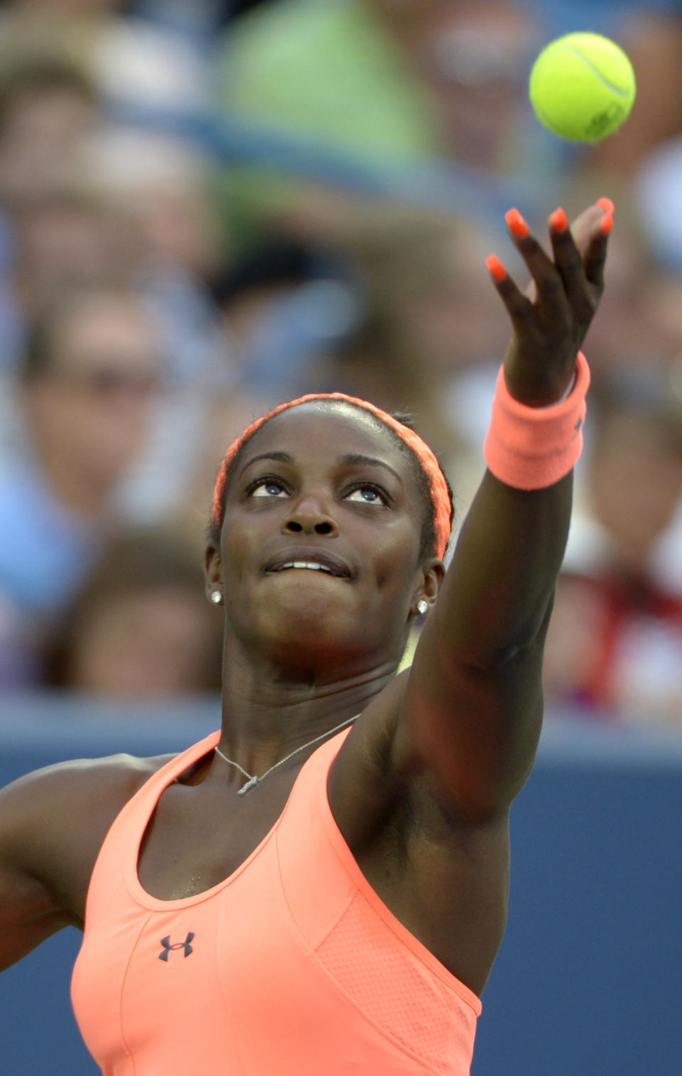 Sloane Stephens, from the United States, serves during a match against Maria Sharapova, from Russia, at the Western & Southern Open tennis tournament, Tuesday, August 13, 2013, in Mason, Ohio. (AP Photo/Michael E. Keating)