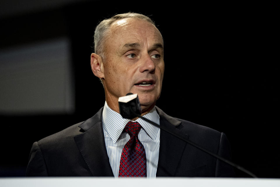 Commissioner Rob Manfred is in no rush to resume the MLB season. (Photo by Billie Weiss/Boston Red Sox/Getty Images)