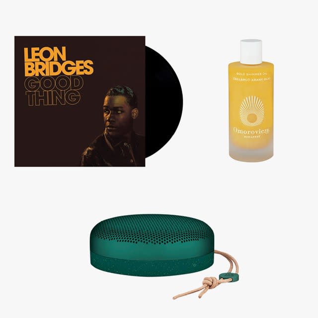 Leon Bridges “Good Thing,” LP, roughtrade.com; Bang & Olufsen Beoplay A1, $250, bang-olufsen.com; Omorovicza Gold Shimmer Oil, $80, nordstrom.com