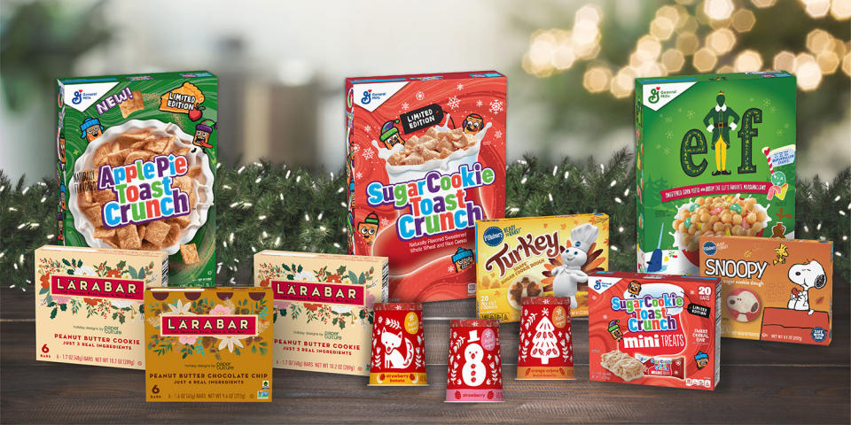 <p>Each year, General Mills offers a slew of holiday treats to get shoppers in the spirit. This year, they've introduced new Apple Pie Toast Crunch cereal, a seasonal twist on their über-popular Cinnamon Toast Crunch. Sugar Cookie Toast Crunch is also back, as it Buffy! Elf cereal — this time with new marshmallow shapes. There's Sugar Cookie Toast Crunch Mini Treats too, for those hungry for cereal in a bar form.</p> <p>In addition, Yoplait and Lärabar have dressed up their packaging to be that much more festive. Lärabar's designs come in collaboration with Paper Culture, the brand dropping matching stationary and greeting cards as part of their partnership. </p>