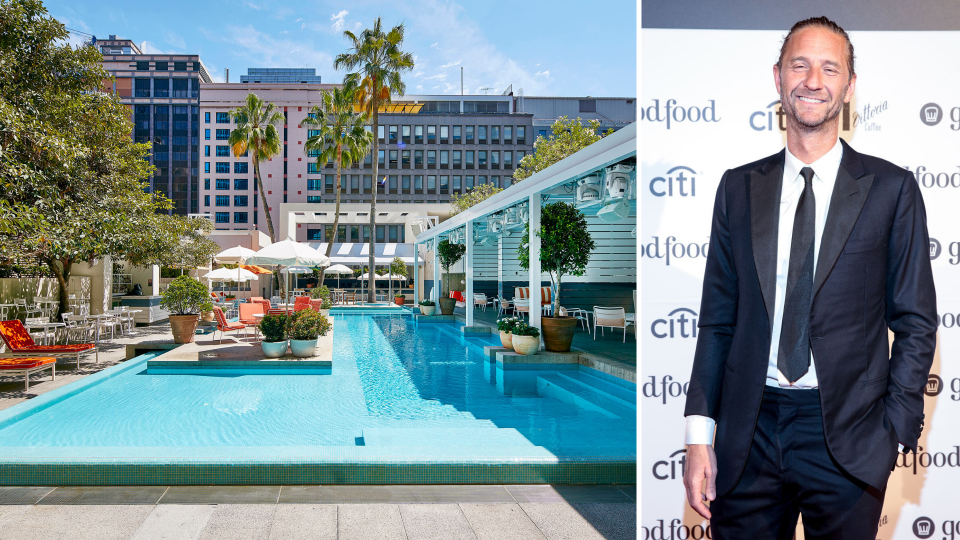 Left: The Ivy Pool Club, one of the 70-odd venues owned by Merivale Group. Right: Merivale CEO Justin Hemmes. <em>(Photos: Merivale, Getty)</em>