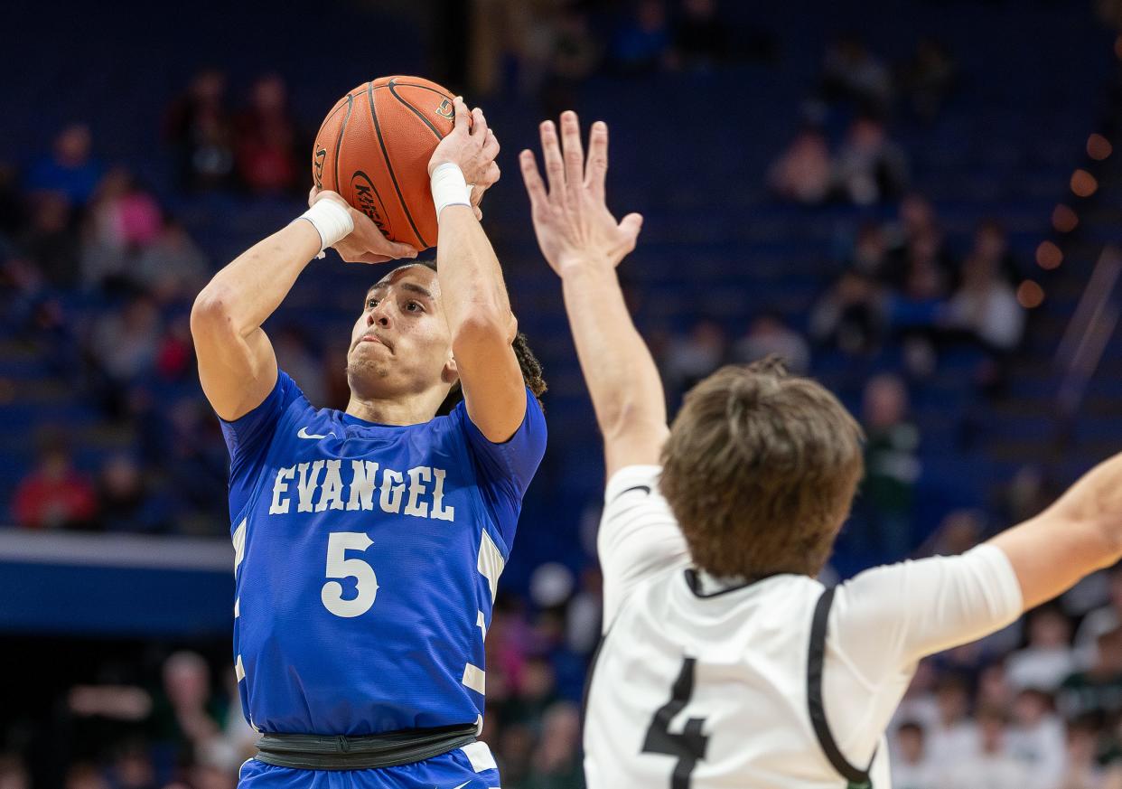Evangel's Kyran Tilley (5) committed to play basketball for Central Missouri.